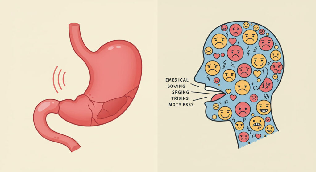 Ilustración que contrasta un estómago que siente hambre física con una cabeza llena de emociones que pueden desencadenar el hambre emocional.