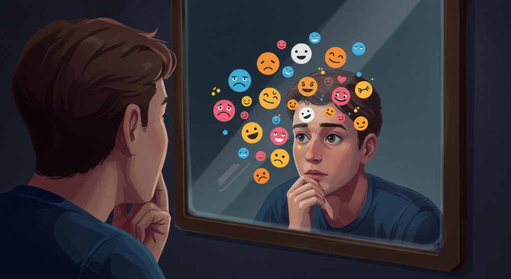 Un joven mirando su reflejo en un espejo, donde flotan diversas expresiones emocionales y antojos de comida, representando la conexión entre las emociones subyacentes y los antojos.