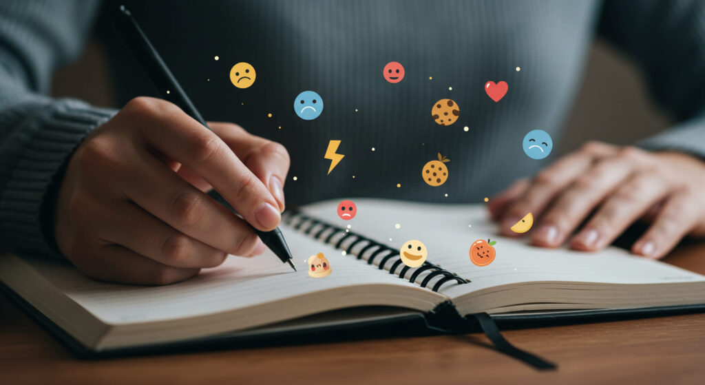 Manos escribiendo en un diario rodeadas de iconos de emociones y comida, representando la observación de patrones de alimentación emocional con autocompasión.