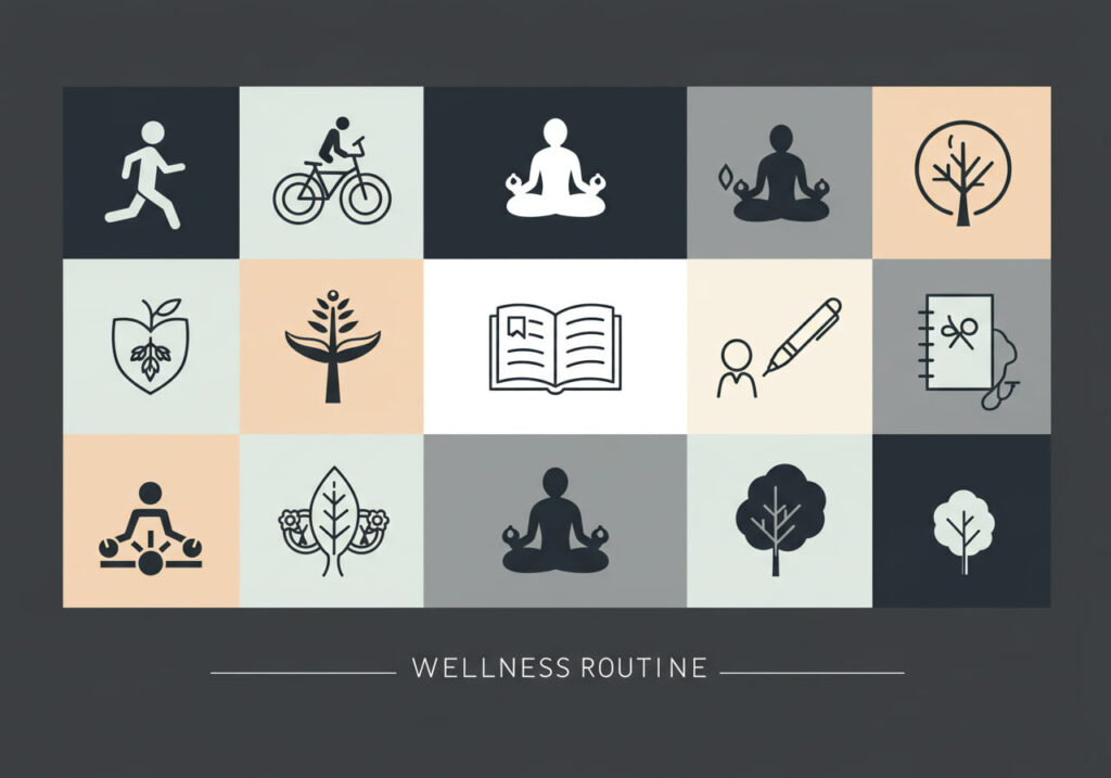 Iconos representando diversas áreas y prácticas clave para una rutina de bienestar integral, incluyendo ejercicio, meditación, lectura y conexión con la naturaleza.
