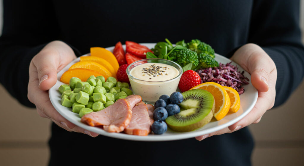 Una persona sosteniendo un plato colorido con una variedad de alimentos saludables, simbolizando una relación positiva y de disfrute con la comida.