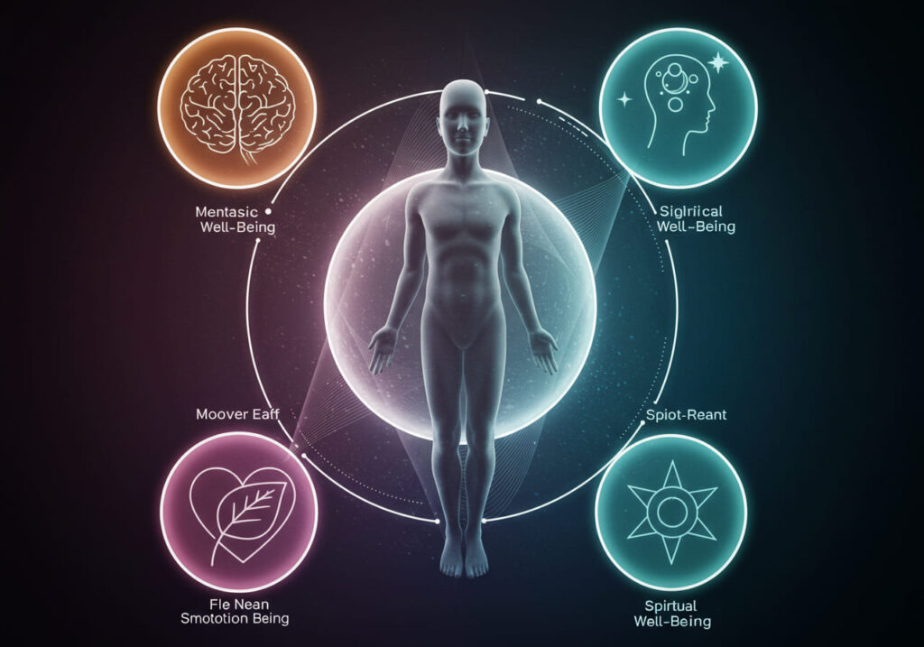 Figura humana central rodeada de círculos representando bienestar mental, emocional, espiritual y significativo, concepto de rutina de bienestar integral.