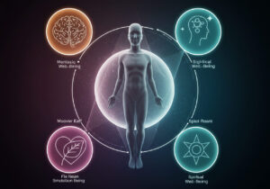 Figura humana central rodeada de círculos representando bienestar mental, emocional, espiritual y significativo, concepto de rutina de bienestar integral.