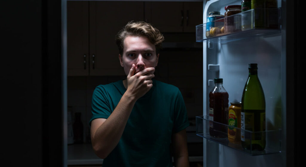 Un joven sorprendido abriendo el refrigerador en la oscuridad de la noche, una posible señal de alimentación emocional impulsada por el estrés o la ansiedad.